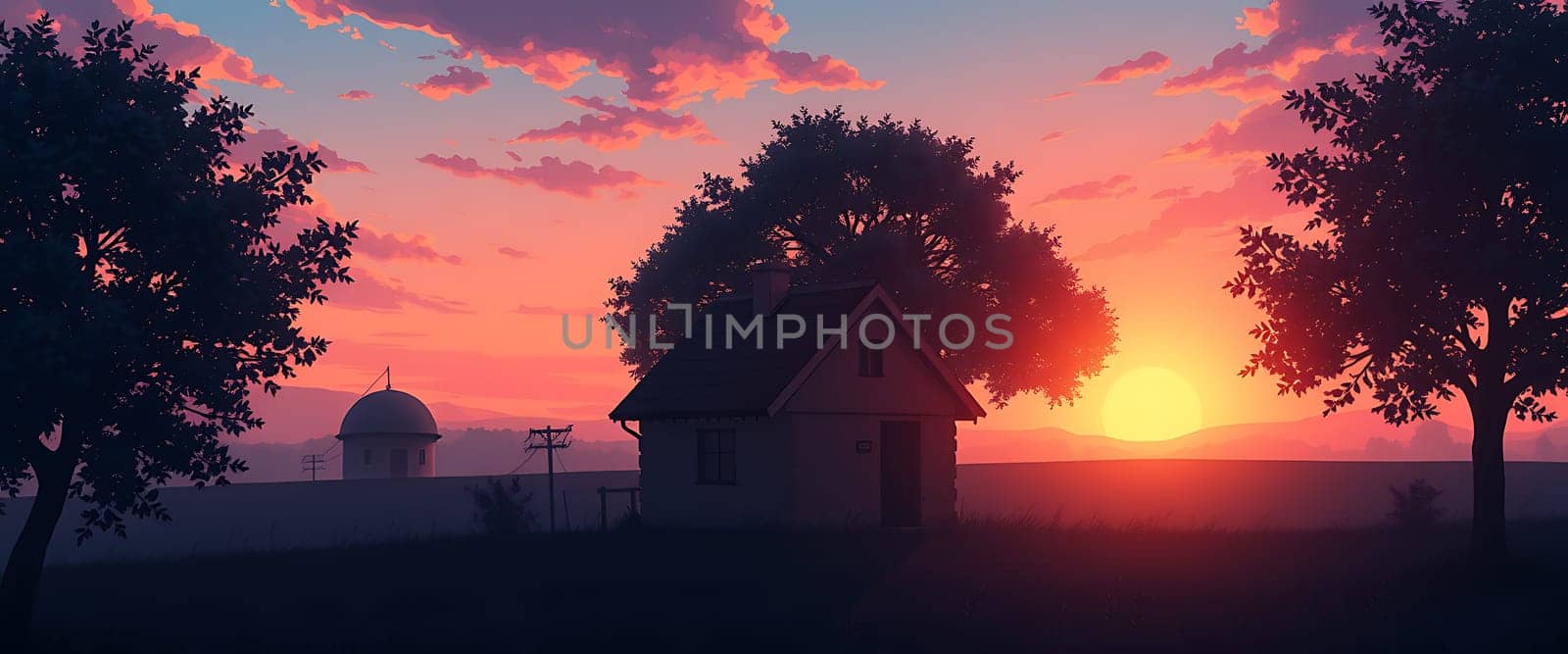 Golden rays of the setting sun illuminate a peaceful rural landscape, showcasing a quaint house and lush trees under a colorful sky.