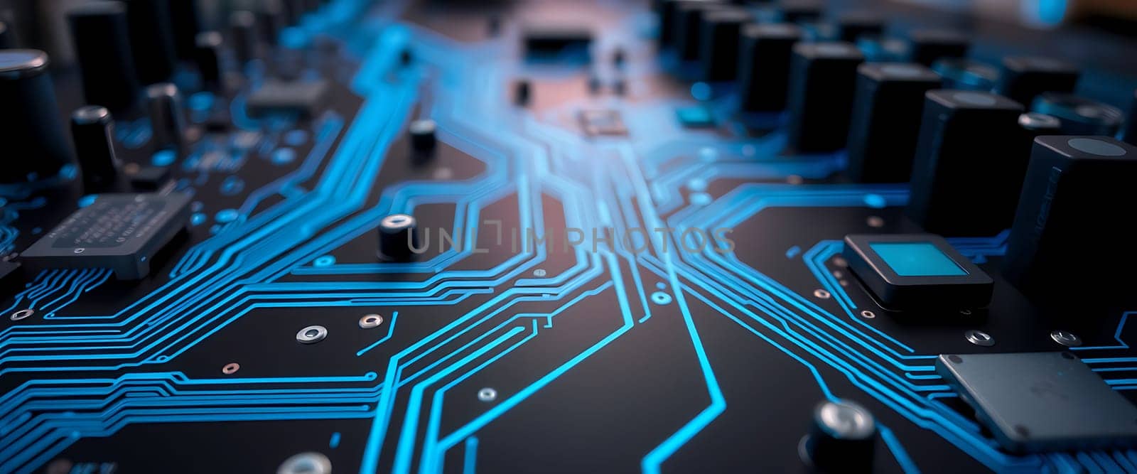 A detailed close-up of a circuit board, highlighting vibrant blue circuit pathways and black electronic components, typical of advanced technological equipment.