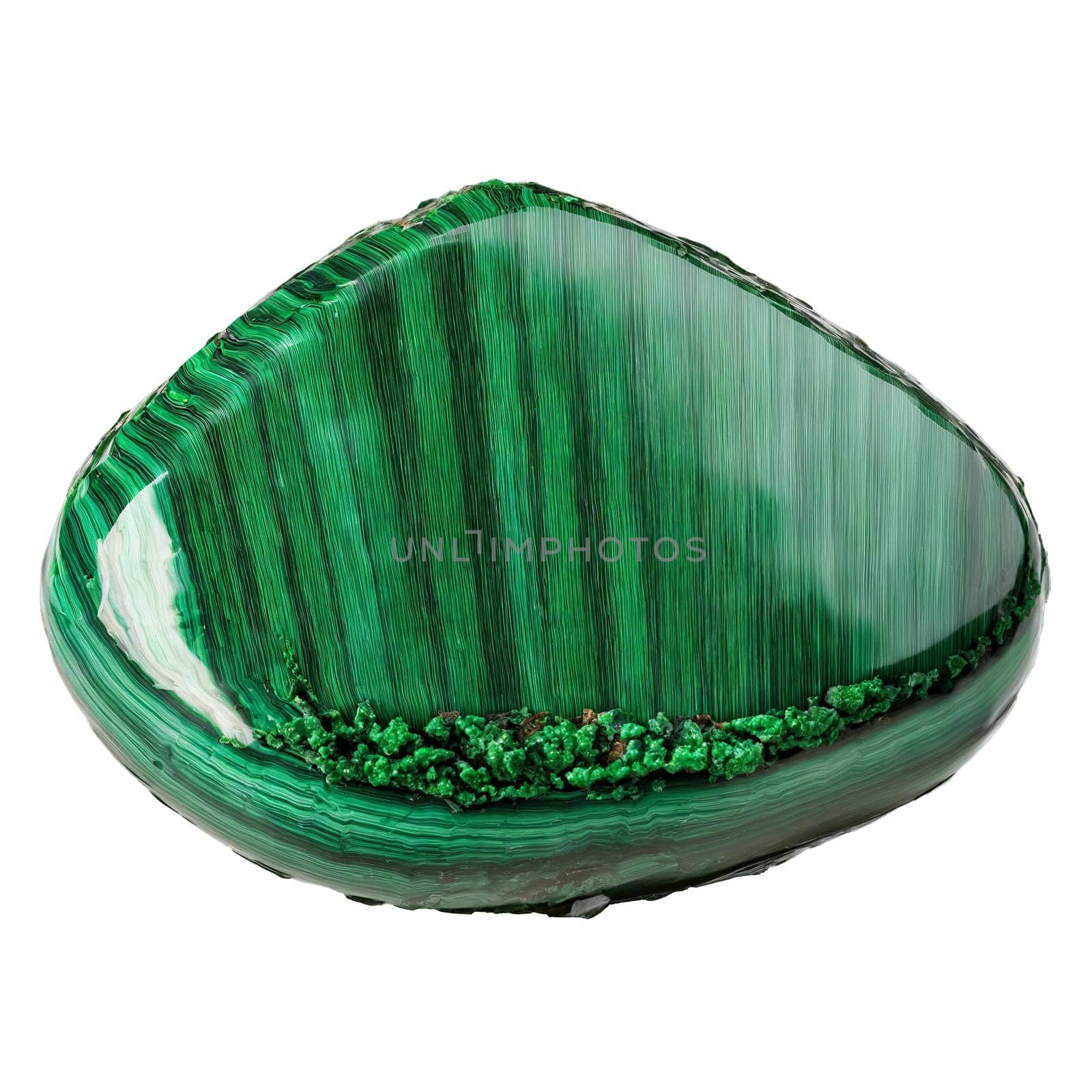 Stone isolated on transparent background. Malachite A banded green malachite with a satin finish caught in a slow mesmerizing spin.