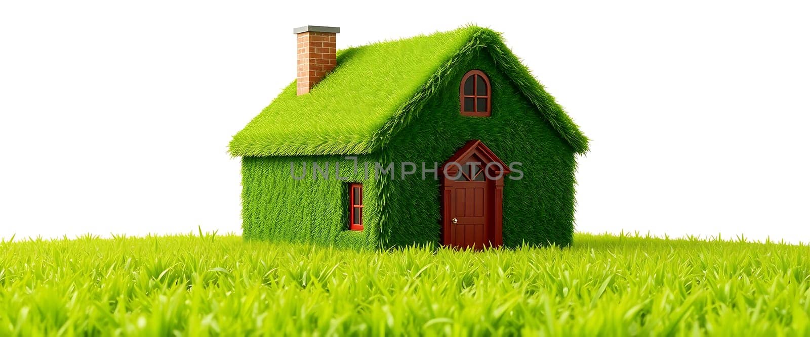 A unique house features vibrant green grass covering its exterior, complete with a red front door and chimney, standing out against a plain white backdrop.