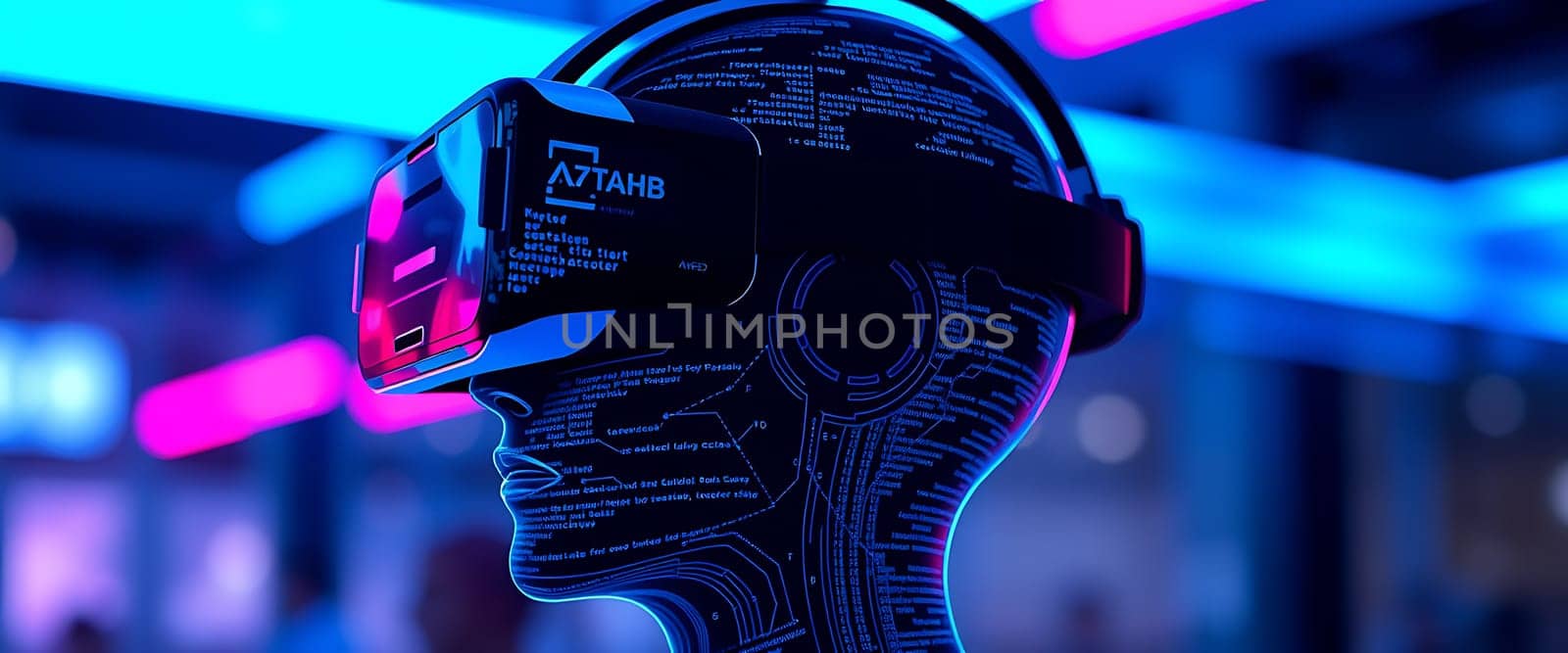 A person experiences virtual reality while wearing a headset in a vibrant, modern setting illuminated by colorful neon lights and digital patterns.