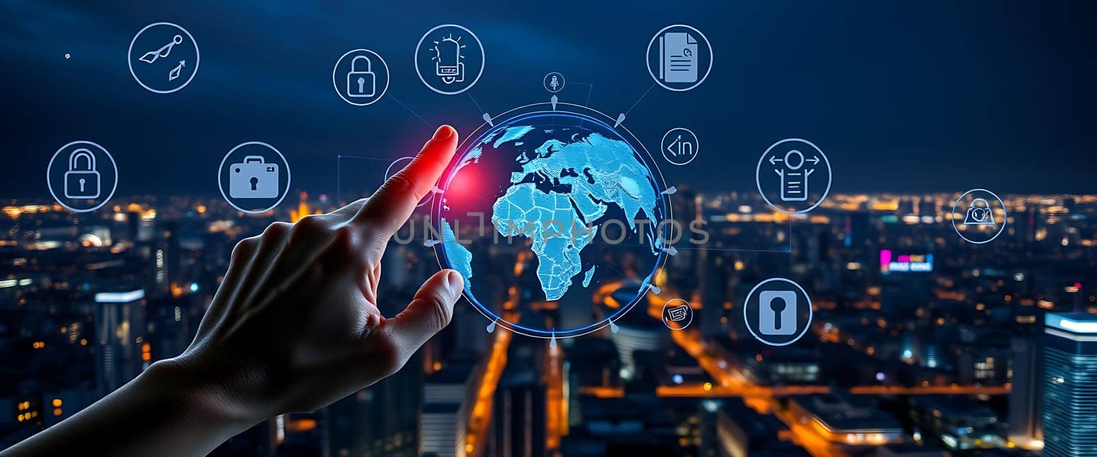 A hand reaches out to touch a glowing digital globe featuring various security icons, illuminated by city lights at night, showcasing technology's role in global security.
