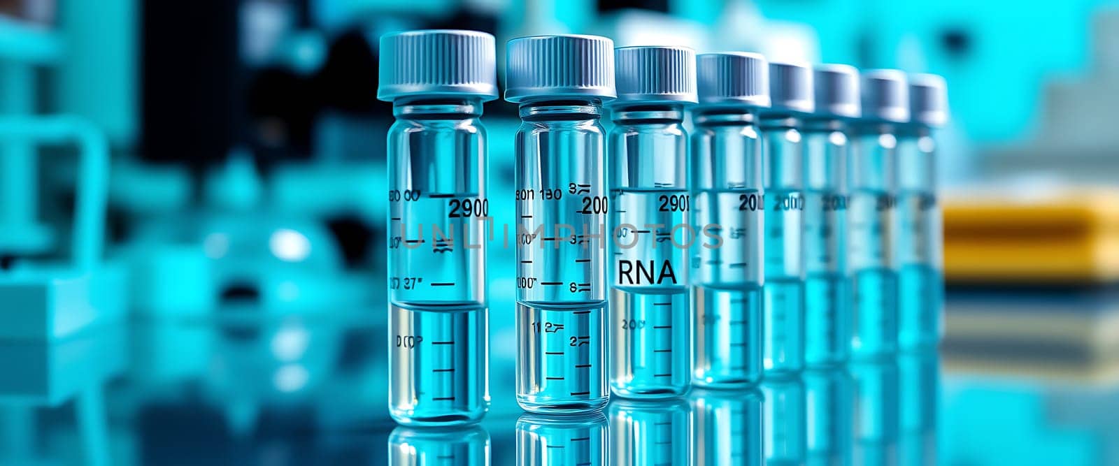 A series of clear vials filled with RNA samples are displayed neatly on a lab table. The backdrop features a blue hue, indicating a high-tech research environment.