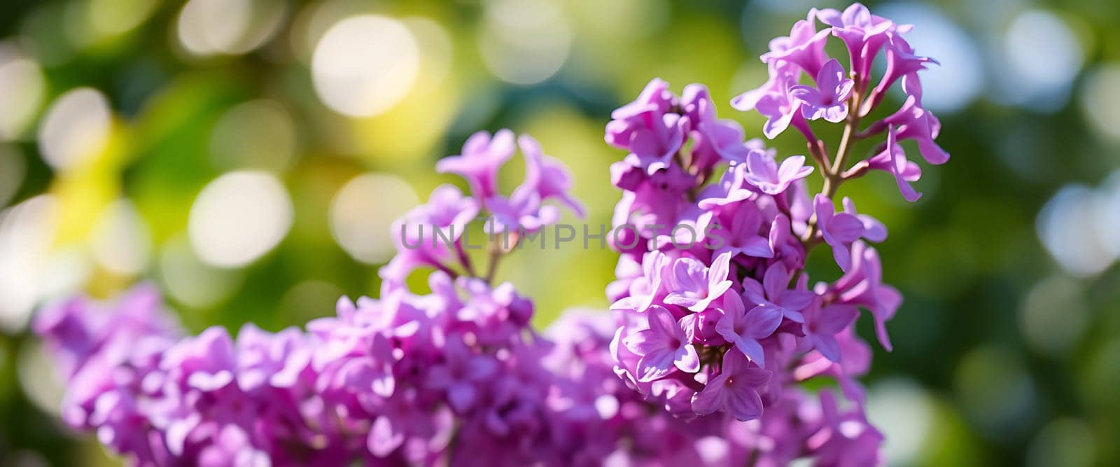 Vibrant purple lilac flowers are blooming, surrounded by a soft-focus background displaying lush greenery under the warm sunlight of spring.