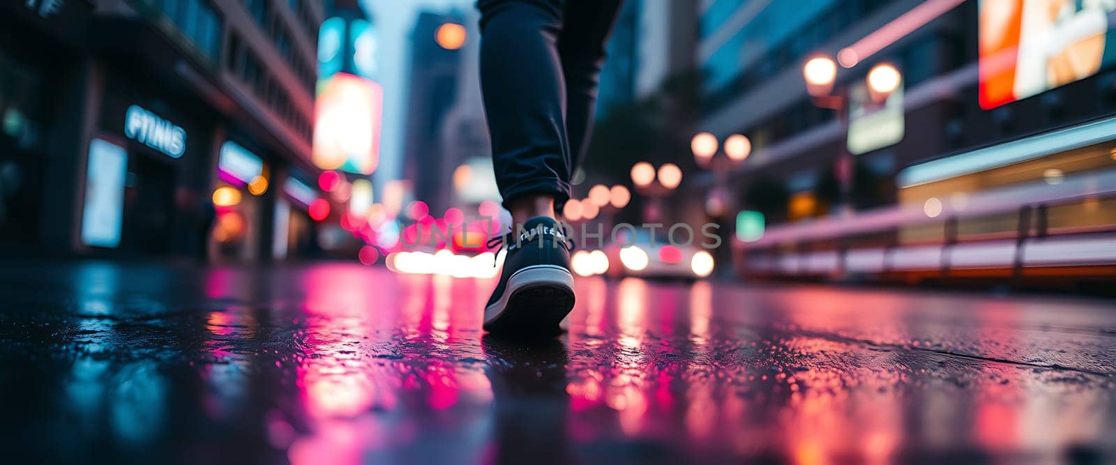 A person walks along a rain-slicked city street illuminated by vibrant neon lights. The reflections on the ground create a colorful atmosphere during the evening.