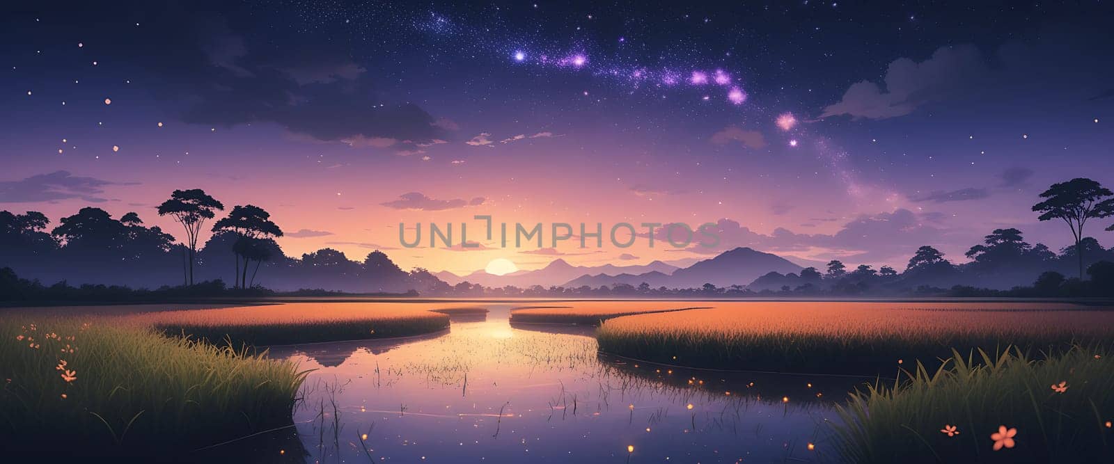 As the sun sets, a calm river reflects vibrant colors across the horizon, while mountains and trees frame the peaceful scene under a starry sky.