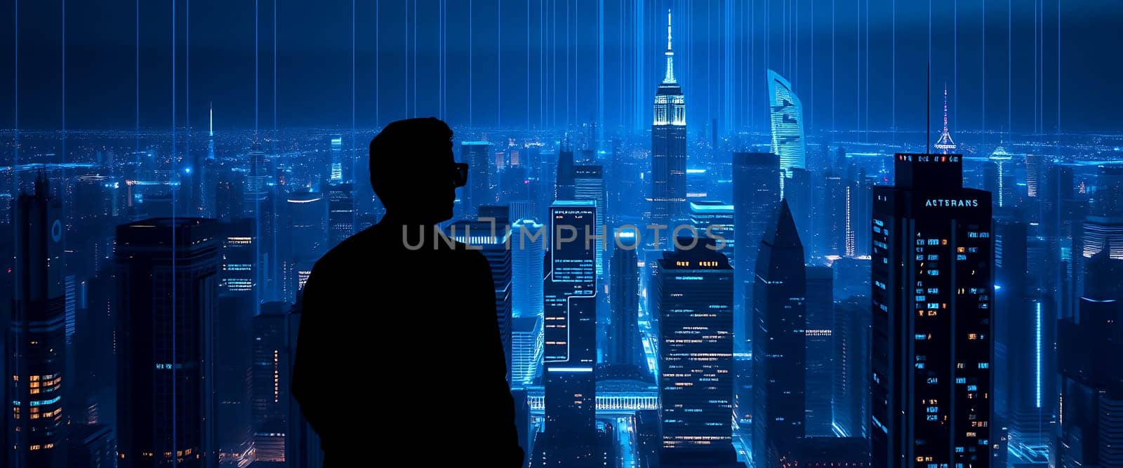 Against a backdrop of a striking blue-lit metropolis, a lone figure stands in profile, gazing at the stunning urban landscape filled with towering buildings.