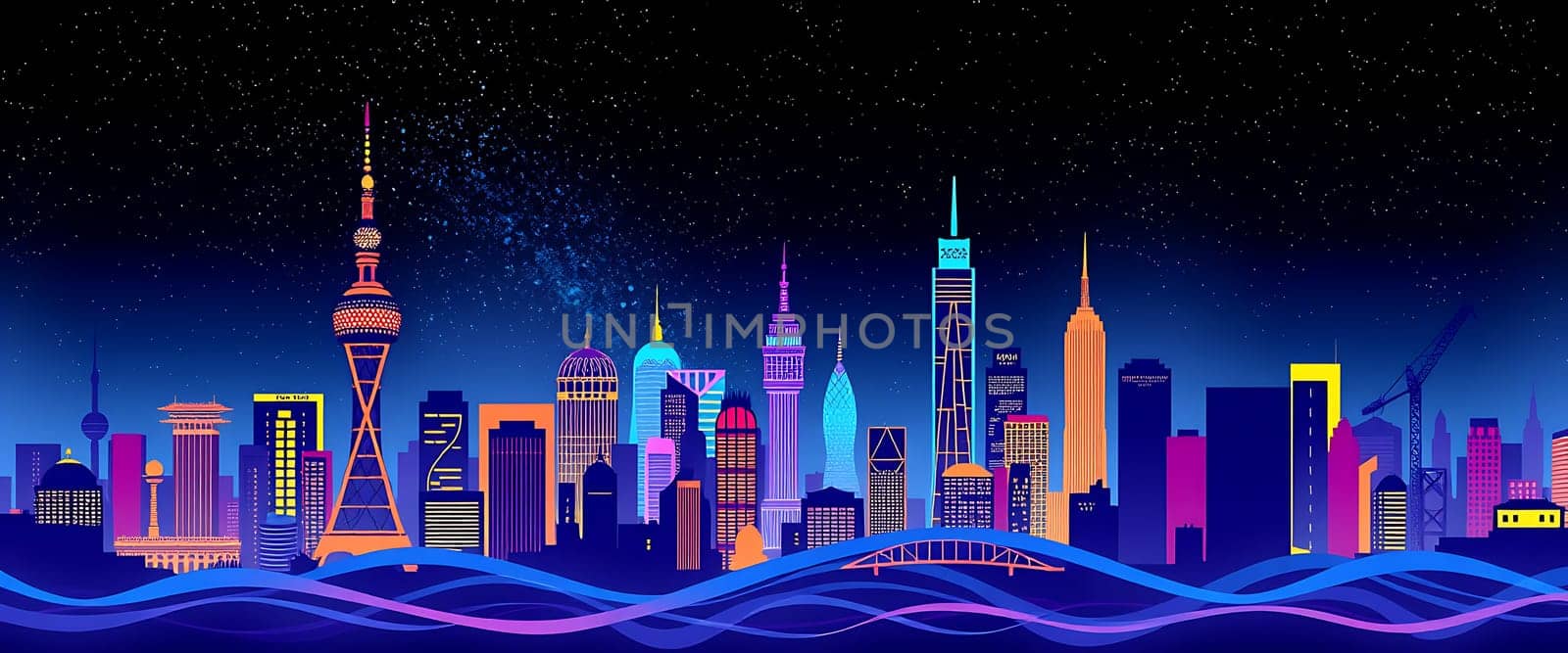 A striking skyline showcases a blend of modern architecture illuminated in vibrant colors