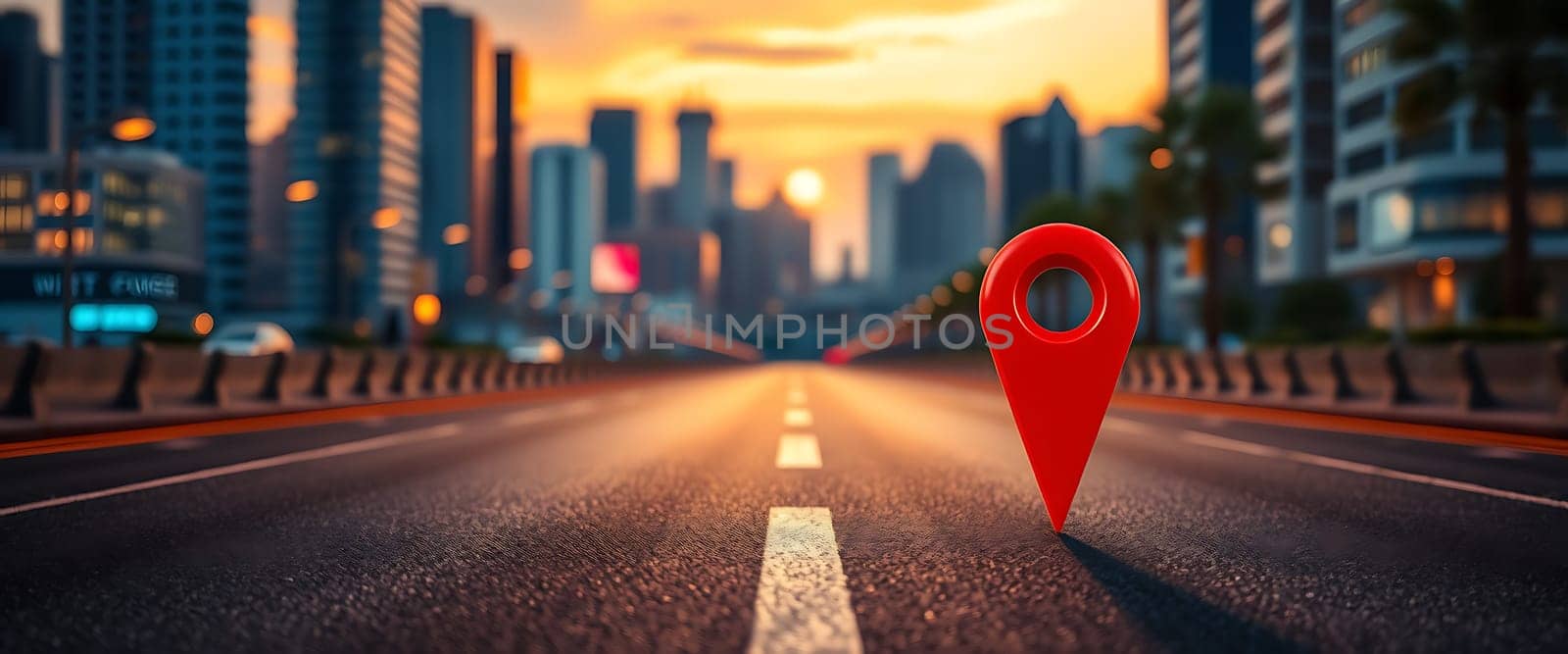 The setting sun casts a warm glow over a bustling city street, highlighting a prominent red location pin standing alone in the road with high-rise buildings in the background.