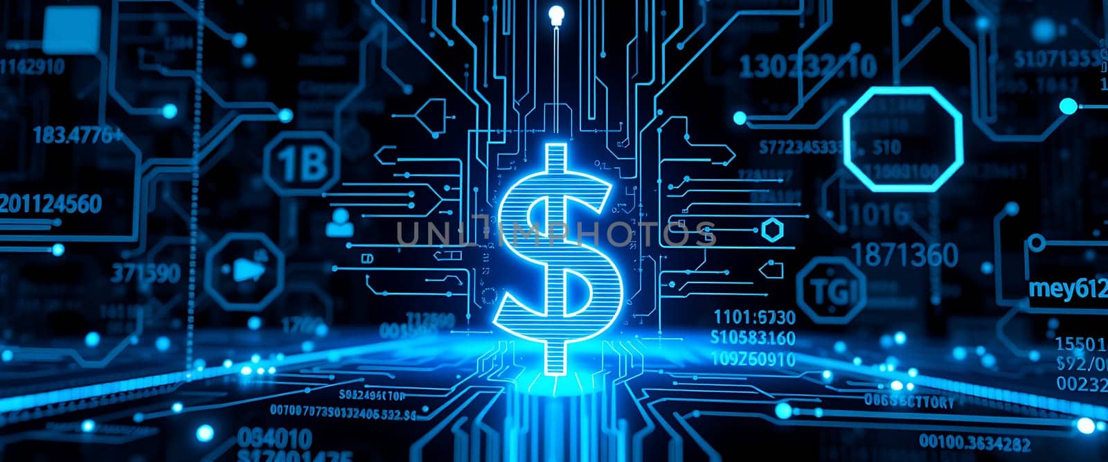 A glowing dollar sign emerges from a complex network of digital circuits and data patterns, representing the intersection of finance and technology in modern society.
