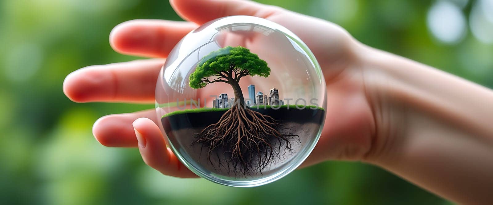 In a calm setting, a person balances a glass sphere that features a vibrant tree with visible roots and city structures, illustrating the connection between nature and urban environments.