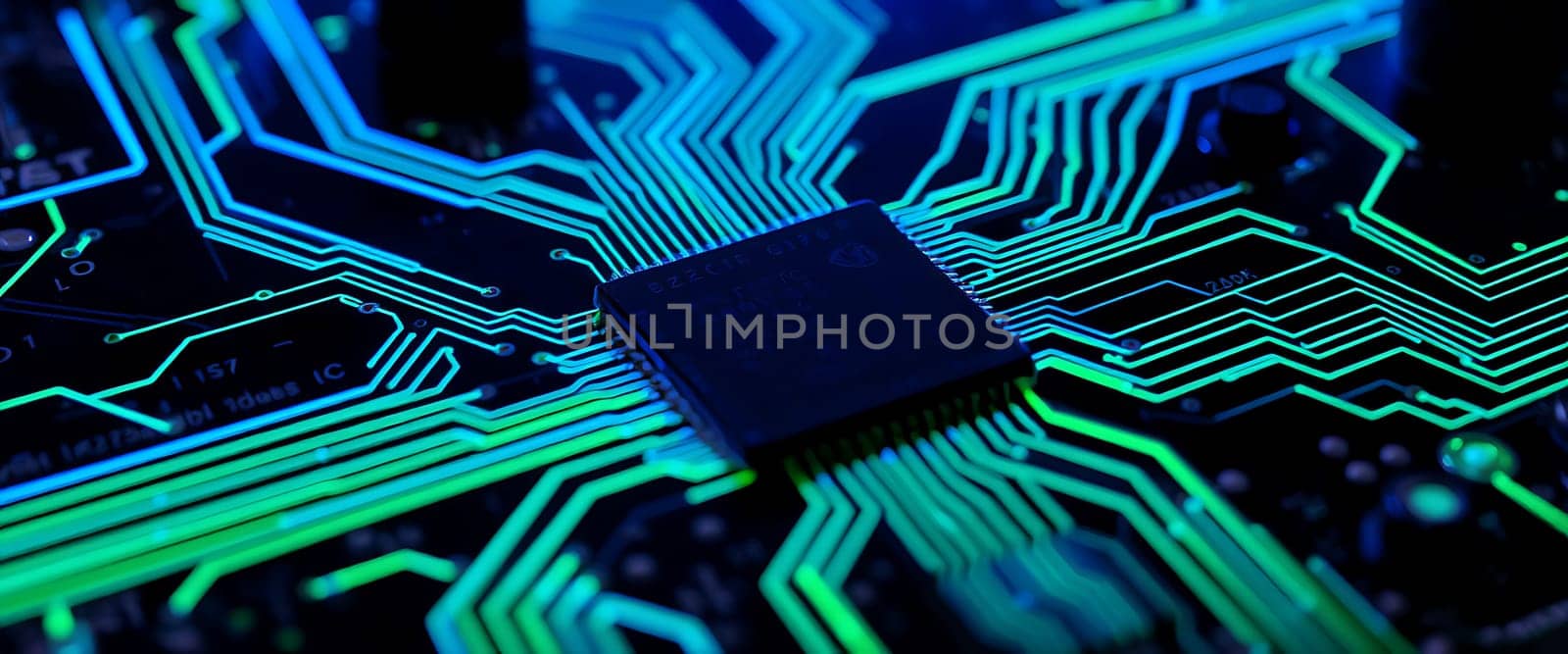 The vibrant microchip at the center is surrounded by detailed circuit pathways glowing in blue and green, showcasing advanced electronics and technology.