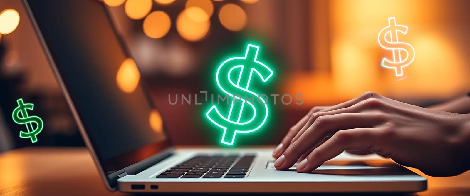 A person types on a laptop in a warm environment, surrounded by soft lights. Glowing dollar signs appear around the screen, suggesting financial activity or online transactions.