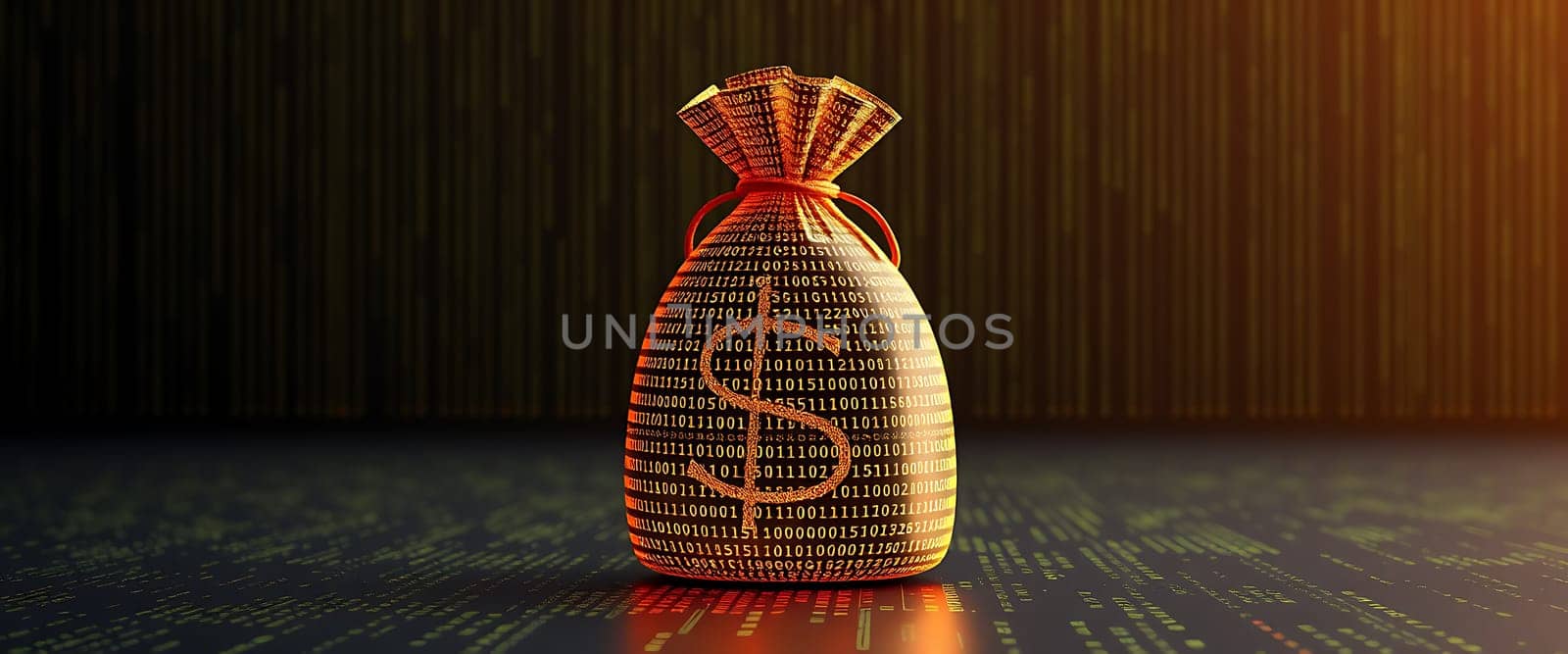 A money bag constructed from binary code stands prominently against a dark background, illustrating the intersection of finance and technology in the digital age.