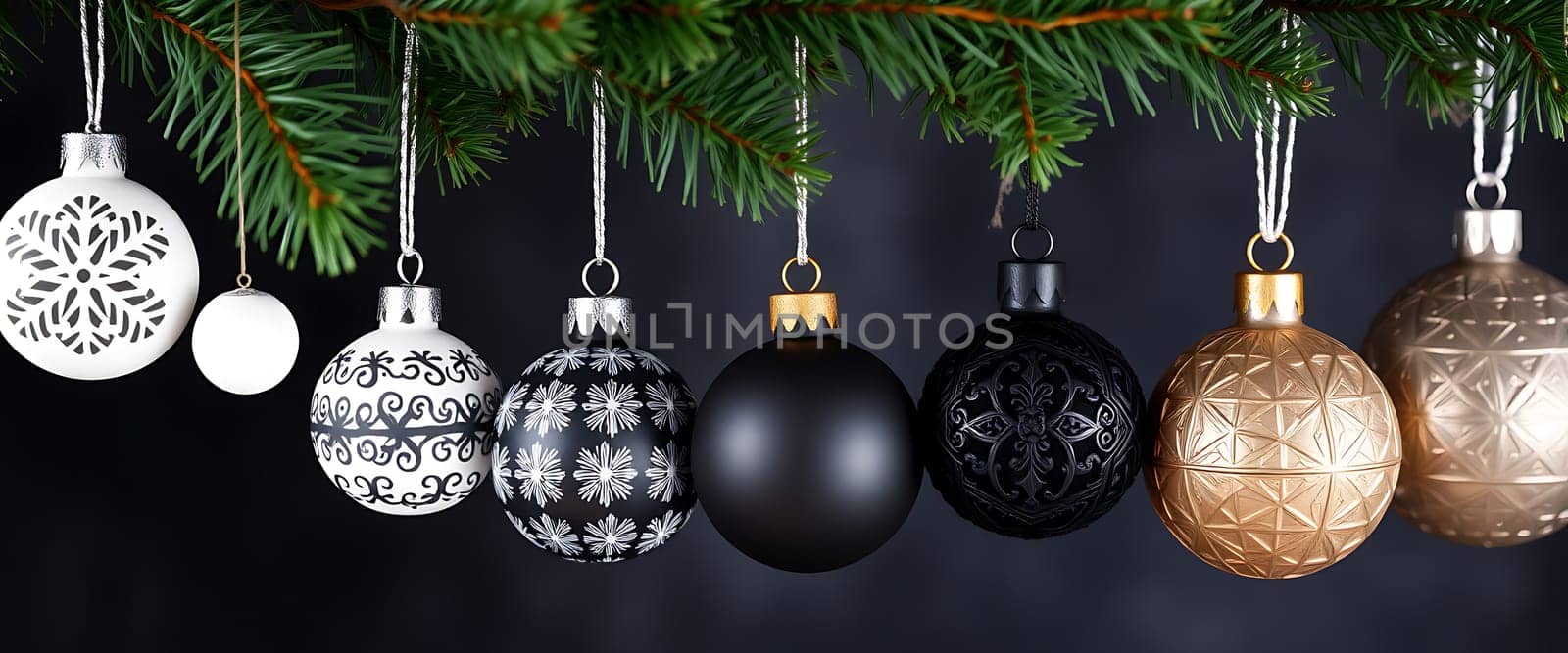 A variety of Christmas ornaments in black, white, and gold are elegantly suspended from a pine branch, creating a festive atmosphere for the holiday season.