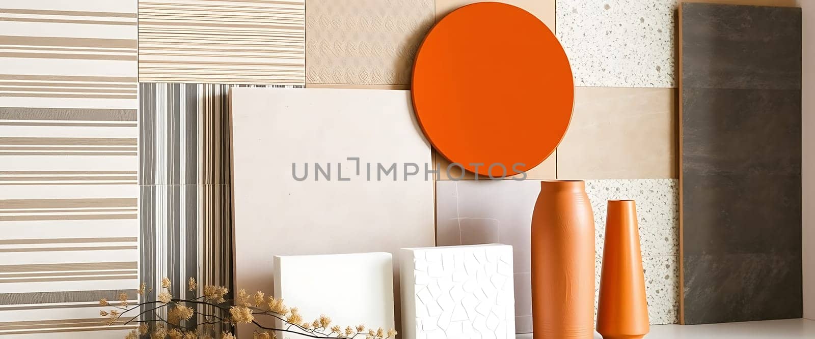 A vibrant arrangement showcases various textured tiles with an orange circular accent and decorative vases, creating a contemporary interior aesthetic.