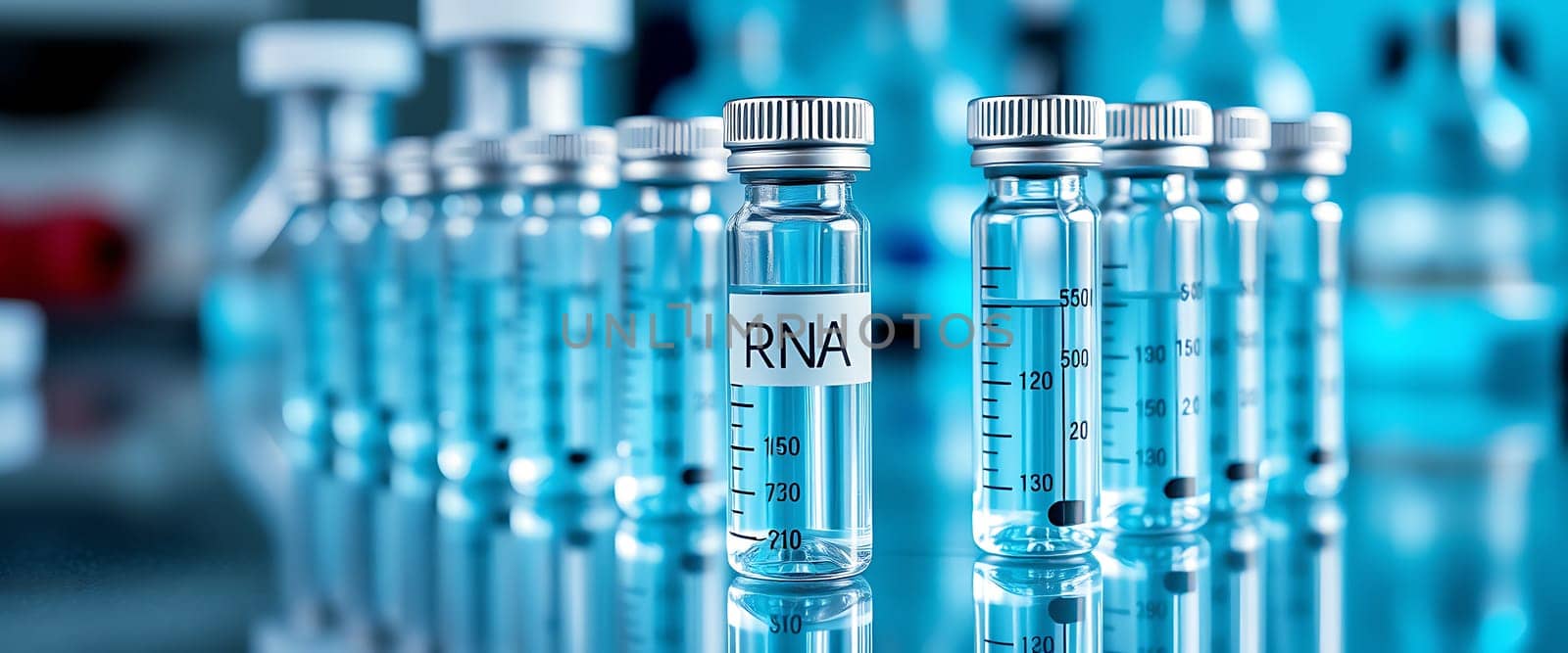 Clear vials labeled RNA are positioned neatly on a laboratory table, with blue lighting enhancing the atmosphere of scientific exploration and experimentation.
