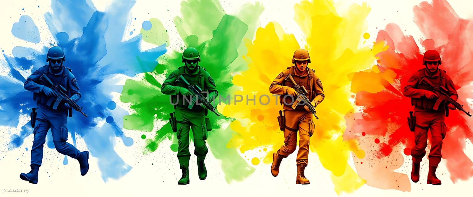 Four soldiers, each painted in a distinct color, are depicted running with weapons. The background features colorful splashes that enhance the scene's dynamic energy.