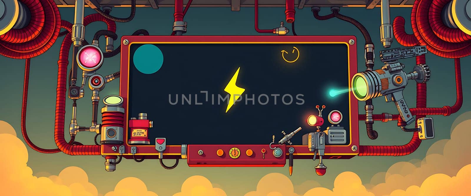 The colorful control panel is adorned with glowing buttons and intricate gauges, showcasing a playful steampunk design against a bright, whimsical backdrop, evoking creativity and adventure.