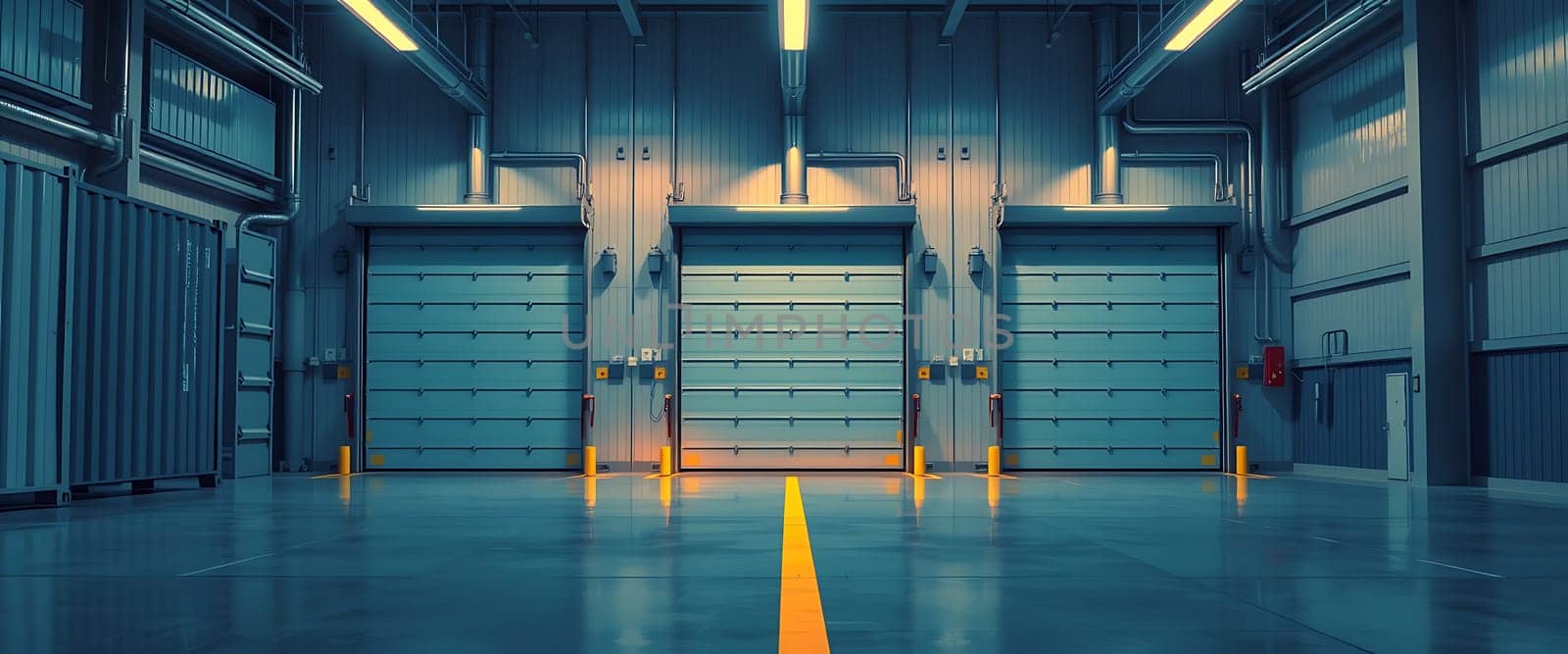 The expansive interior of a garage features three large closed doors, illuminated by bright artificial lighting, creating a modern industrial feel in the late afternoon.