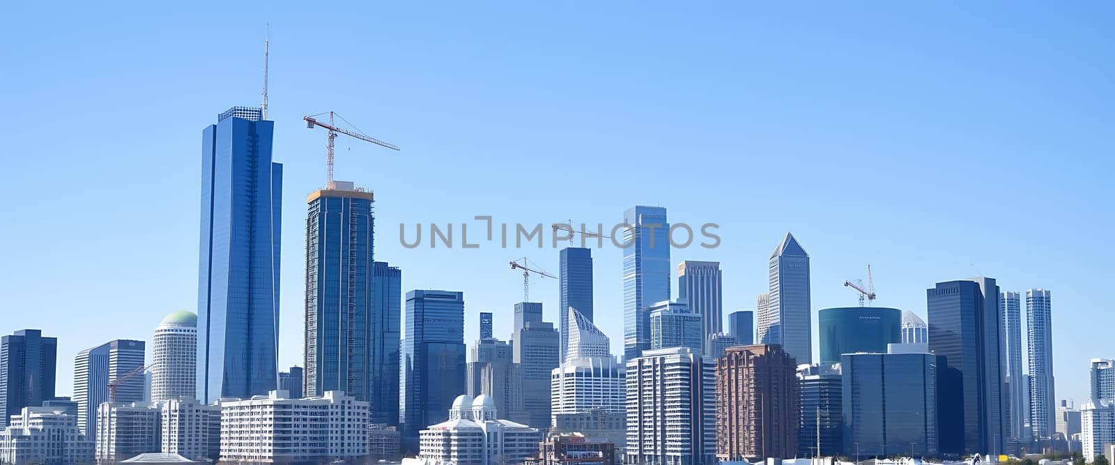 The Houston skyline reveals modern architecture with numerous construction cranes indicating ongoing development against a bright blue sky.