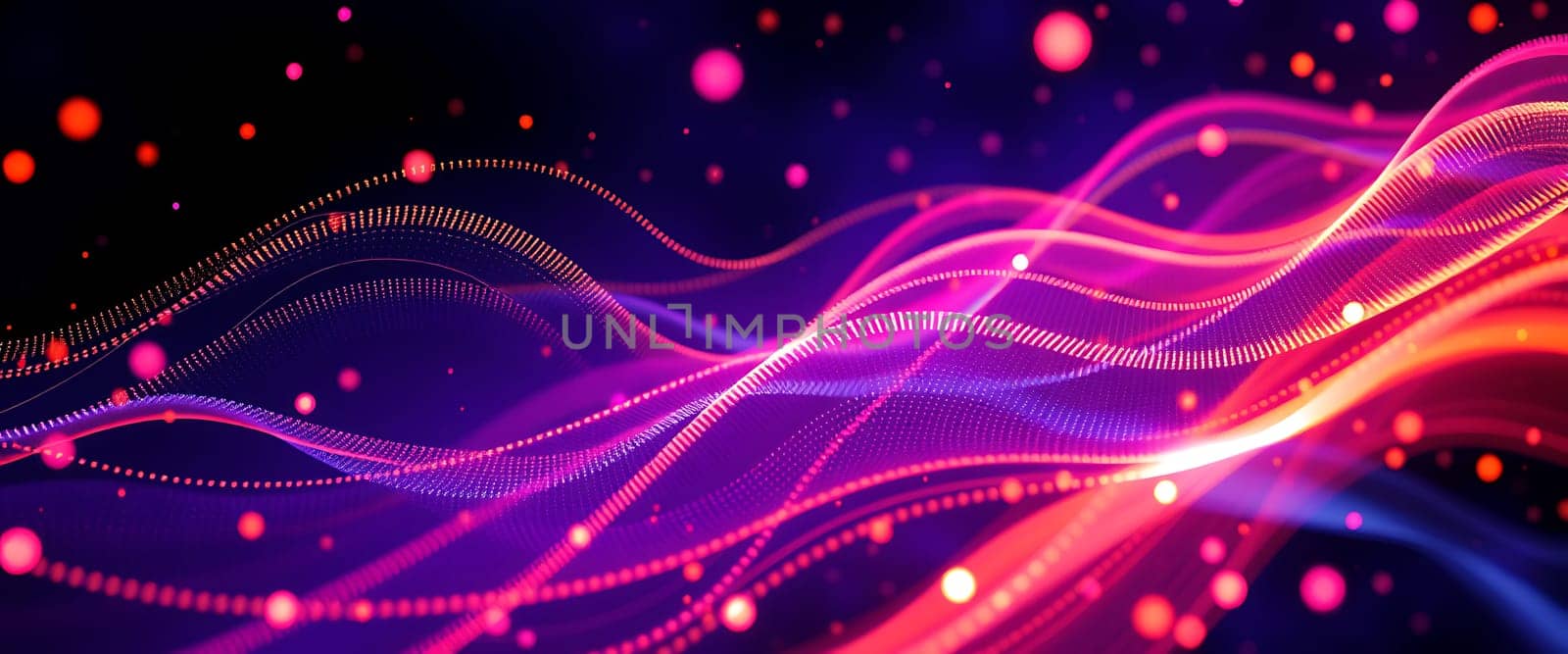 Dynamic waves of color ripple across a dark backdrop, with pinks, purples, and oranges creating a lively and energetic atmosphere, enhancing a sense of movement and depth.