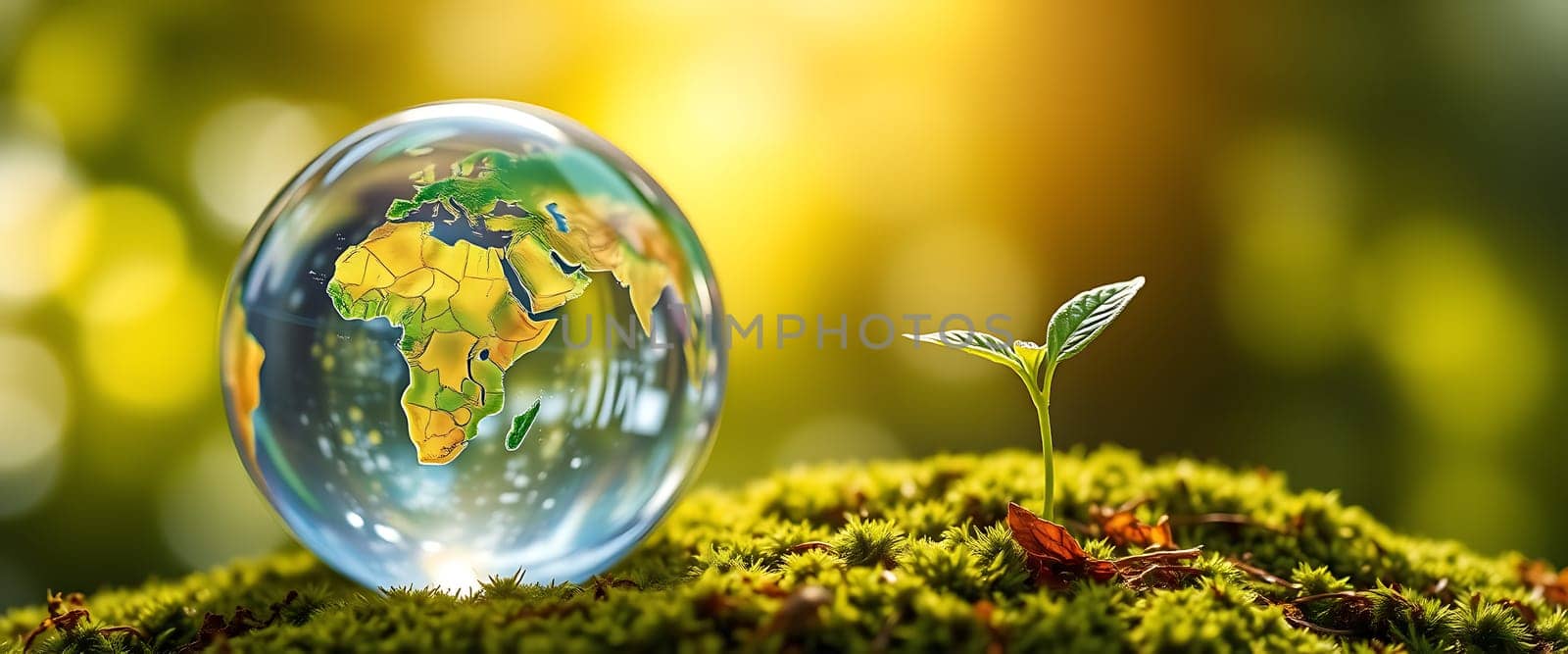 A crystal globe showcases a detailed map of the world, placed next to a delicate green plant sprouting from lush moss under warm sunlight, symbolizing growth and hope for the planet.