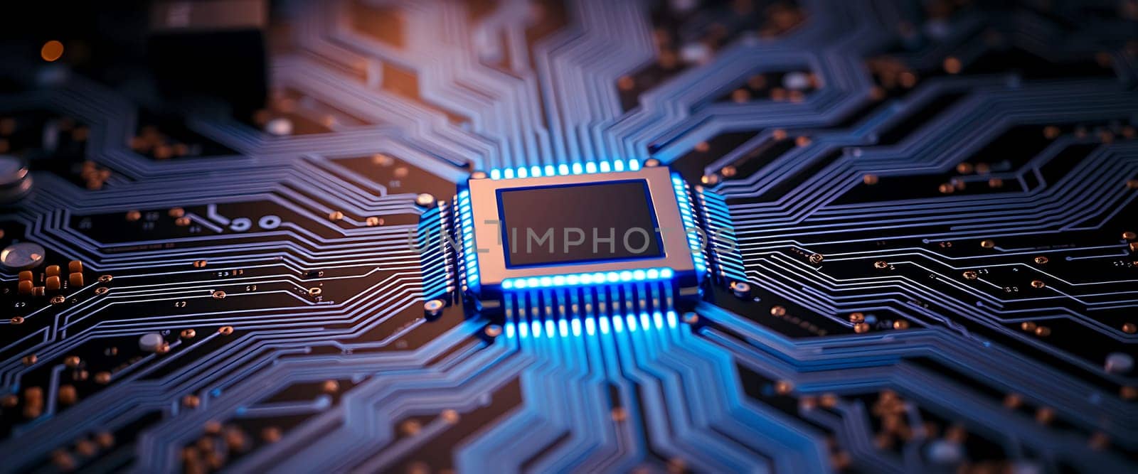 This image highlights a microchip positioned at the center of a circuit board, surrounded by detailed electronic pathways glowing softly, symbolizing advanced technology.
