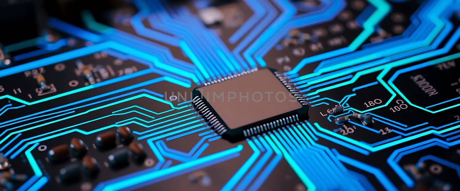 A detailed close-up showcases a microchip mounted on a circuit board. The intricate network of glowing blue lines illustrates the technology's complex structure and design.