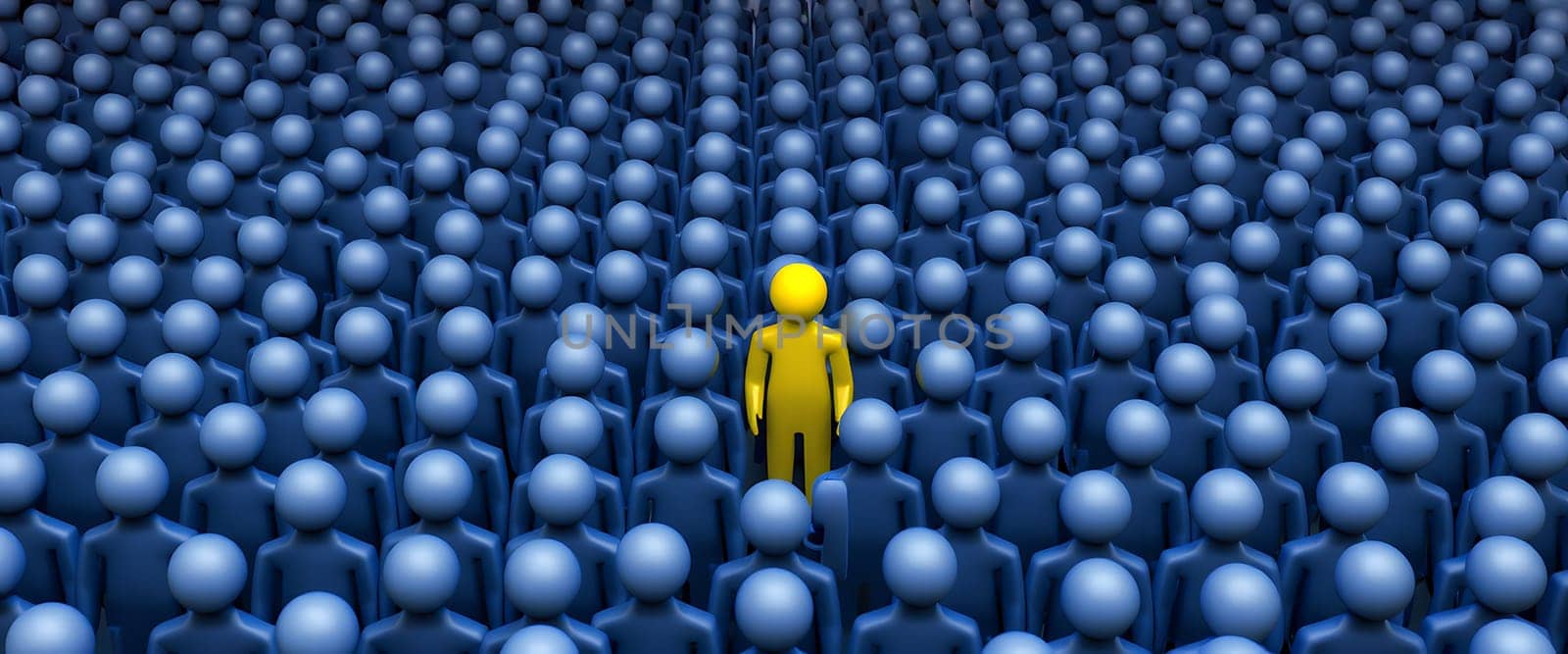 In a vast gathering, a lone yellow figure stands prominently among a sea of blue figures, highlighting the contrast between individuality and conformity in a crowd.