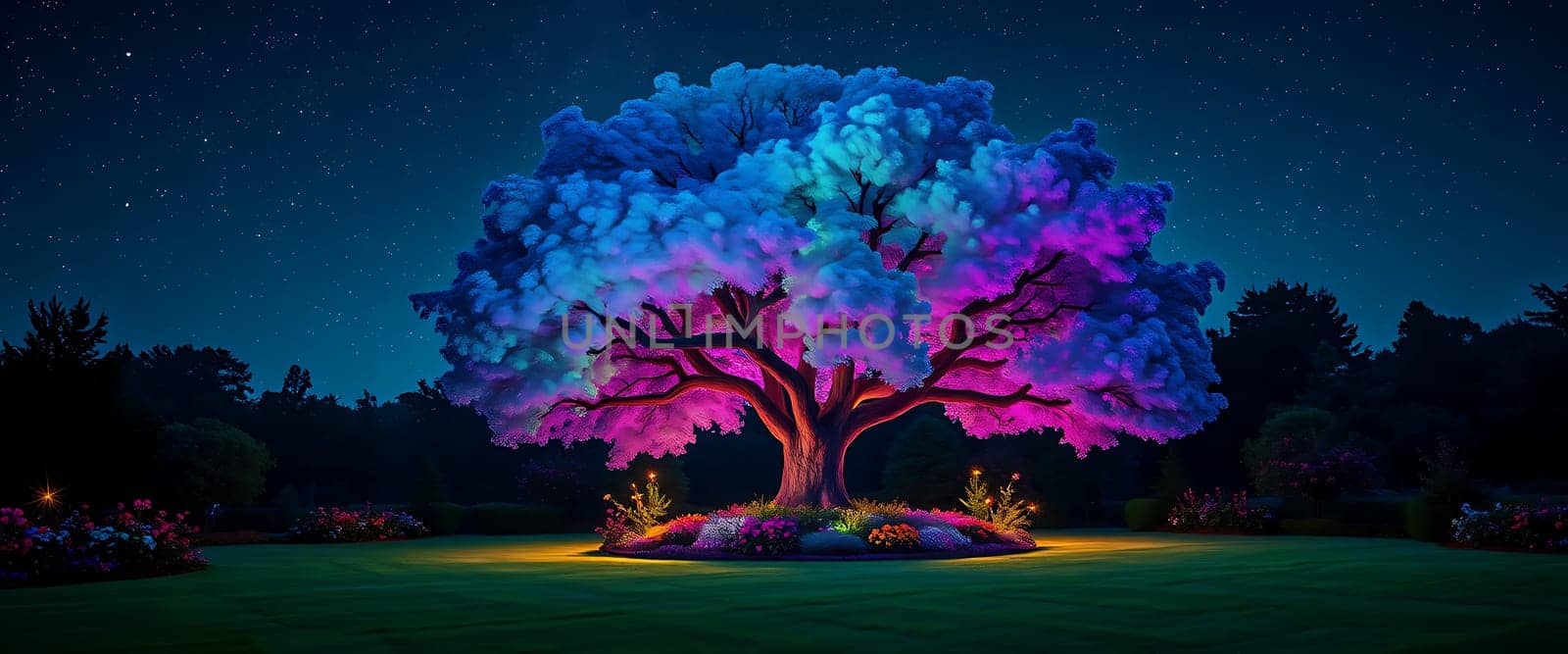 The scene captures a magnificent tree bathed in colorful lights, each branch glowing vividly against the night sky, while flowers thrive around its base, creating a peaceful atmosphere.