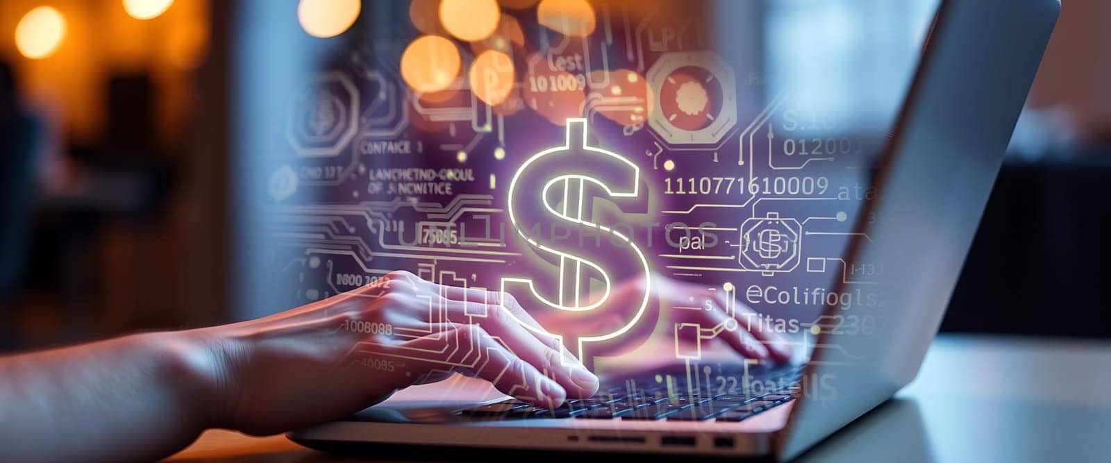 A person is actively typing on a laptop, surrounded by blurred ambient lights, with digital currency symbols glowing in the background, suggesting online financial activities.