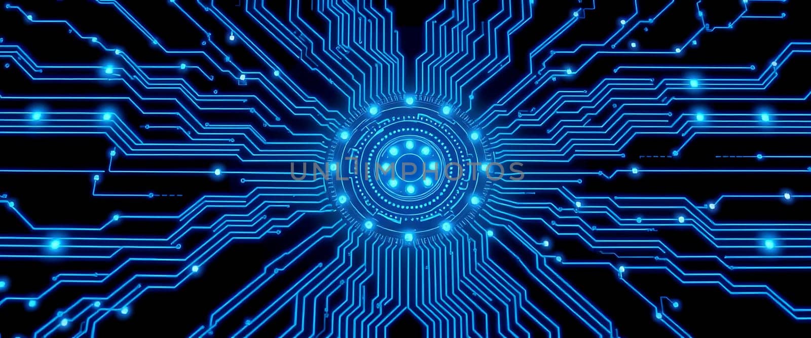 This artwork showcases an intricate digital circuit design featuring glowing blue lines radiating from a central core, creating a sense of energy and technology.