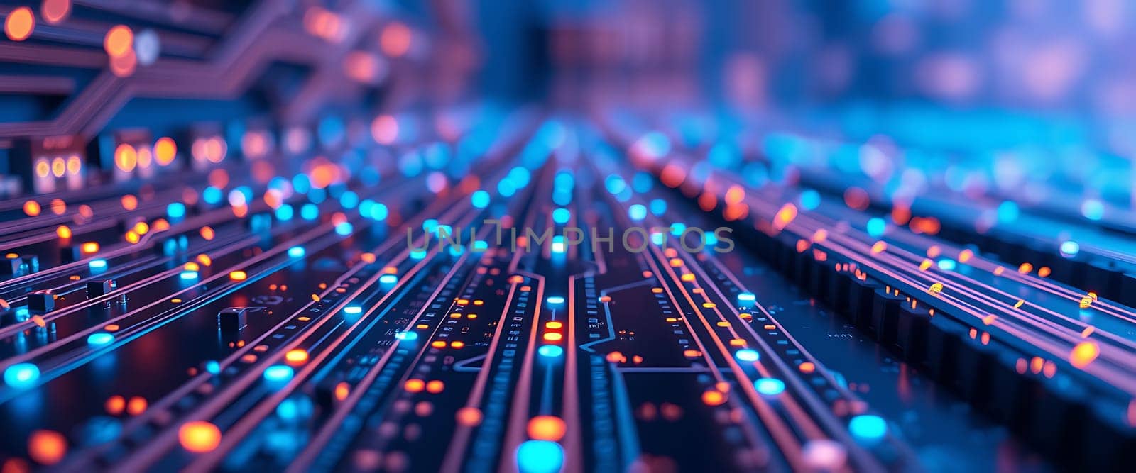 A close-up view captures a circuit board illuminated by glowing lights in shades of blue and orange, creating a vibrant and modern technological atmosphere.