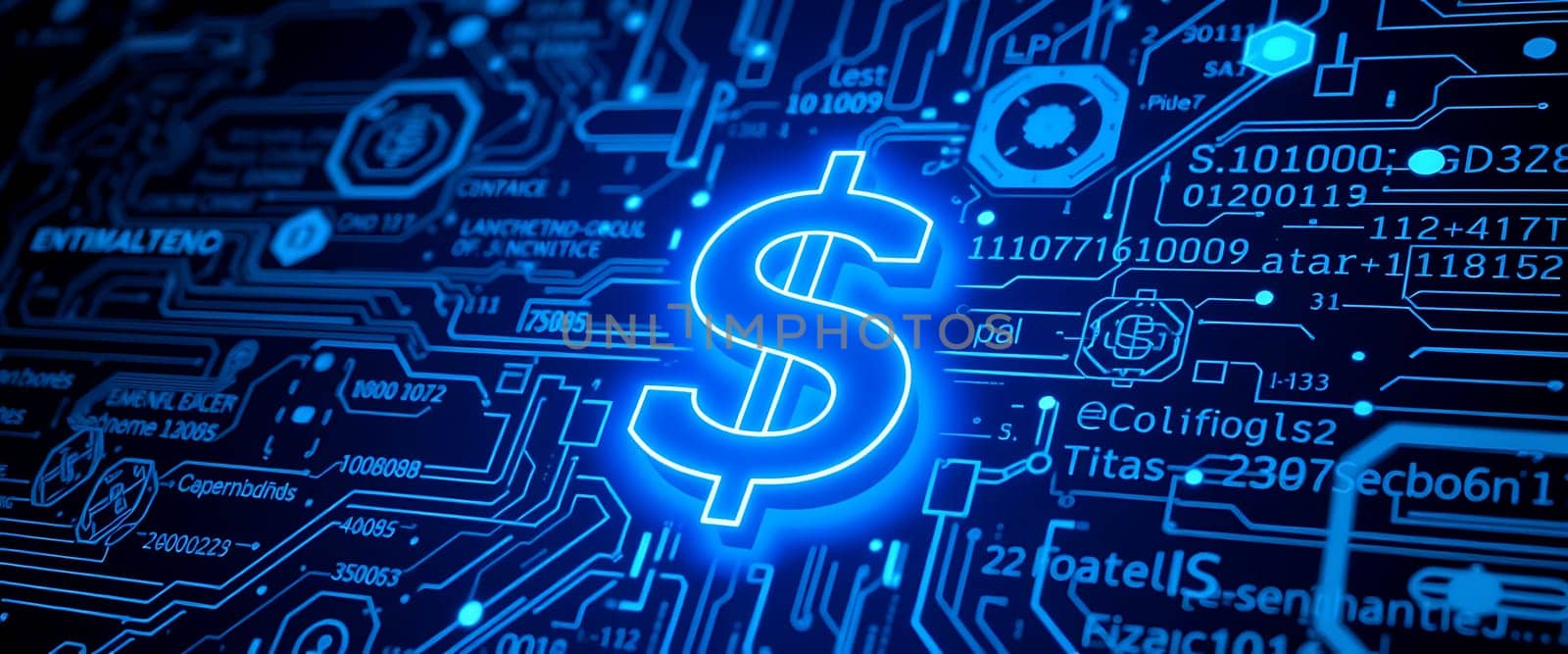The glowing blue dollar symbol stands out vividly against a background of intricate circuit patterns, representing finance and technology's intersection.
