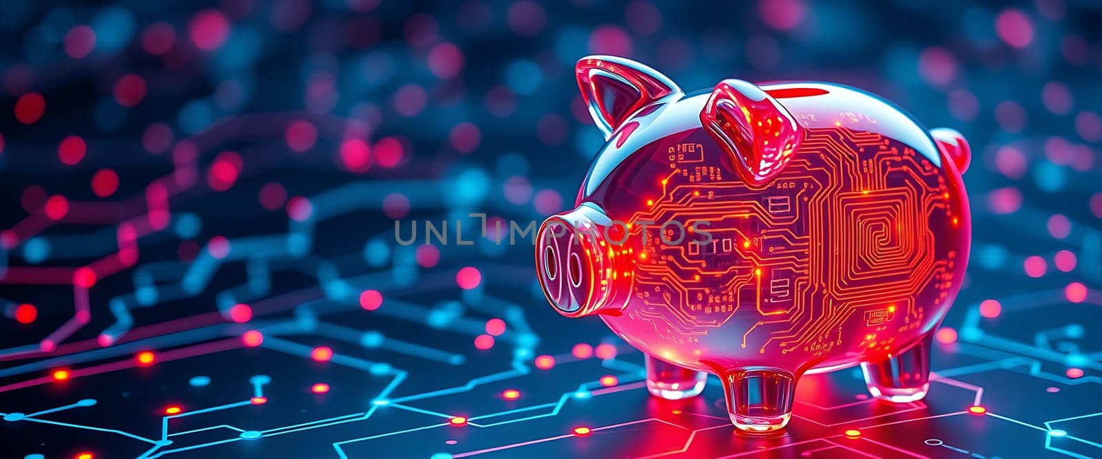 A translucent piggy bank featuring intricate circuit patterns sits on a dark background with glowing connections. This highlights the blend of finance and technology in the modern world.
