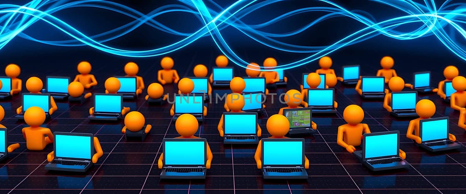 Numerous stylized figures are engaged with laptops in a dark grid environment, as dynamic blue data streams flow overhead, depicting a lively digital workspace.