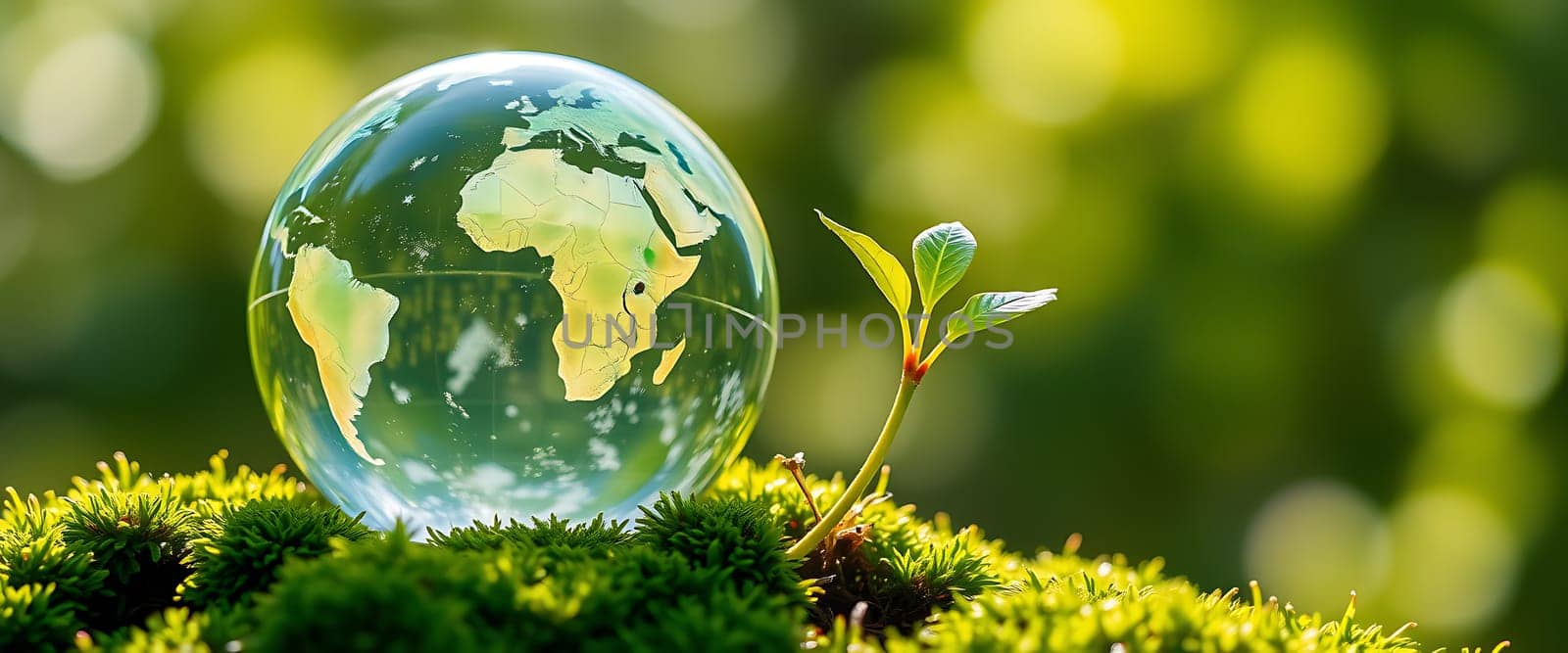 A transparent globe representing Earth rests on vibrant moss, with young plants growing nearby, showcasing the beauty of nature and the importance of preserving our environment.