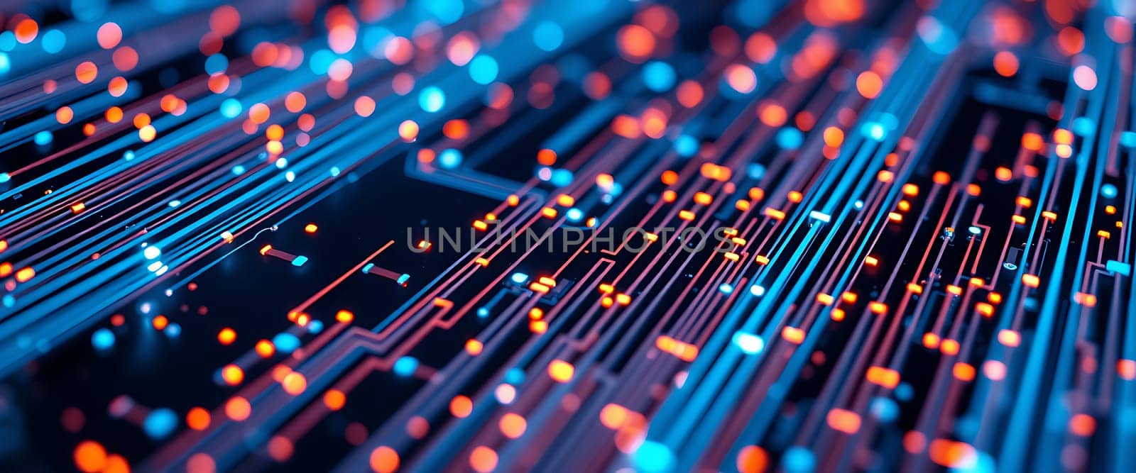 Colorful glowing circuitry illuminates the dark backdrop, with blue and orange lights connecting through intricate patterns, conveying a sense of technology and innovation.