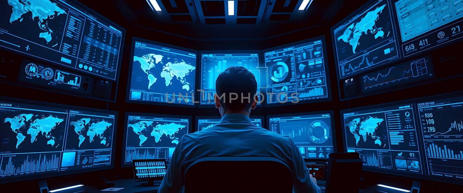 In a dimly lit operations room, an individual observes a series of digital screens filled with graphs, world maps, and data analytics, focusing intently on the information presented.