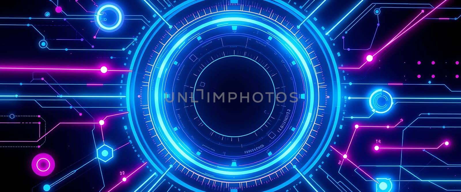 The composition features an intricate web of glowing blue and pink lines intertwined with circular elements, creating a mesmerizing abstract design that suggests advanced technology.
