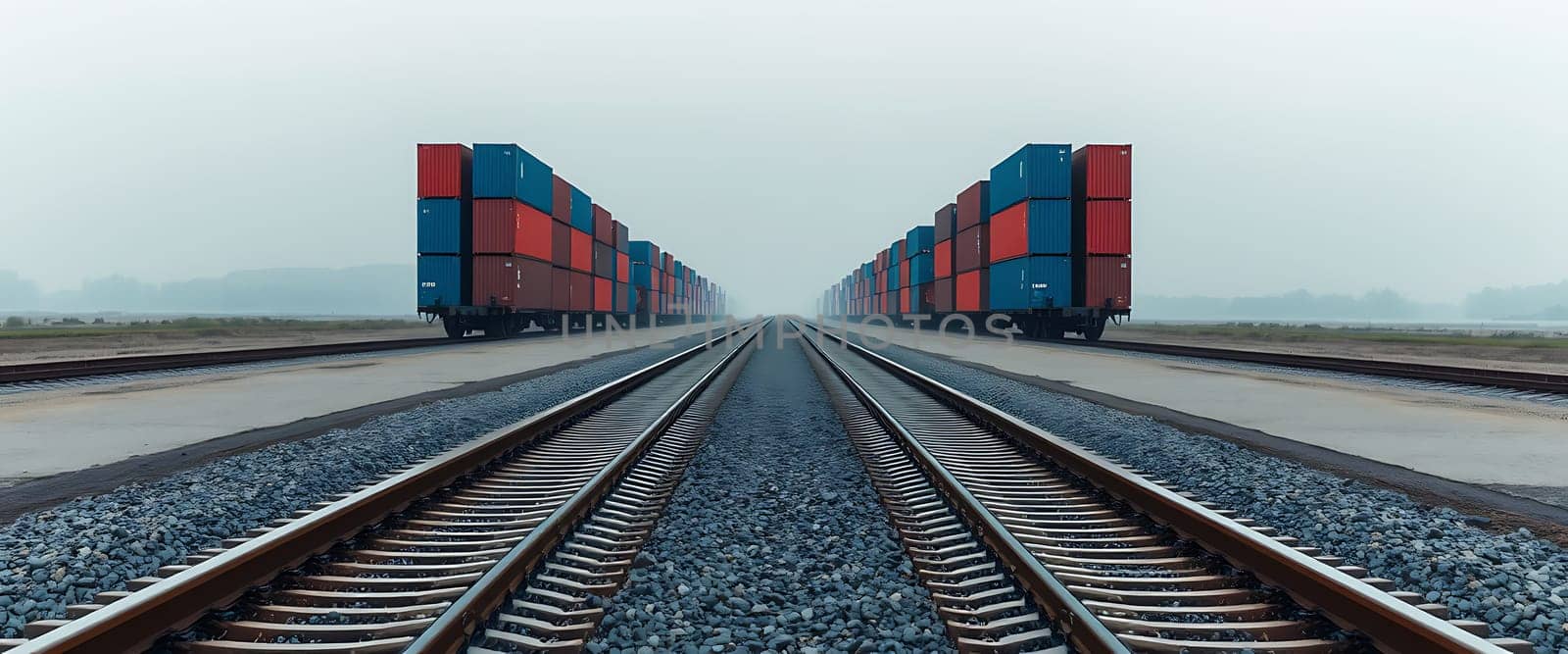 Long rows of brightly colored container train cars stretch along the railway tracks in a hazy, early morning atmosphere, showcasing the industrial landscape.