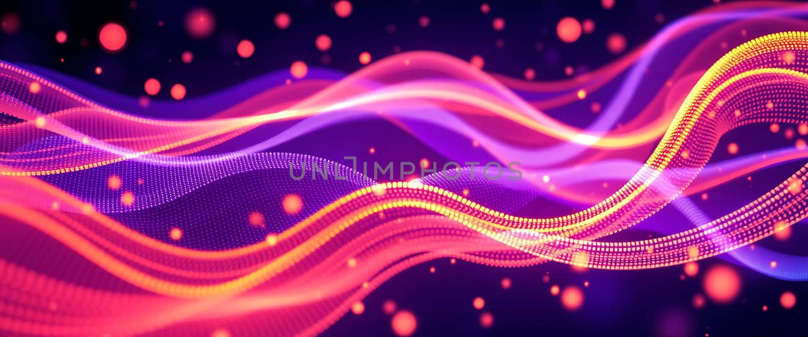 A series of colorful waves in shades of pink, purple, and orange flow across a dark background, interspersed with glowing particles, evoking a sense of movement and rhythm.