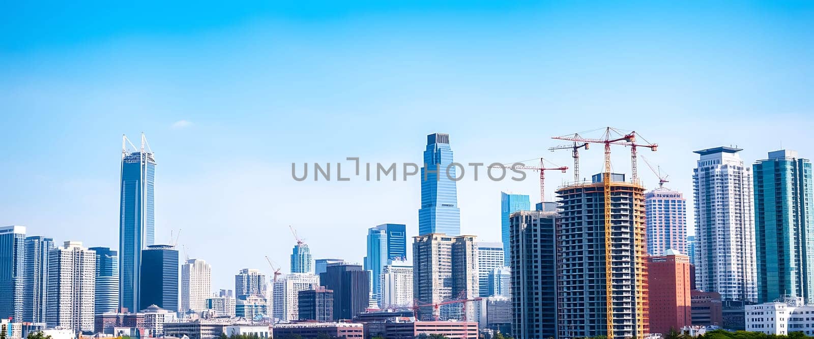 The skyline features a variety of modern buildings, towering skyscrapers, and ongoing construction, reflecting urban growth and innovation. A clear blue sky enhances the city's vibrant atmosphere.