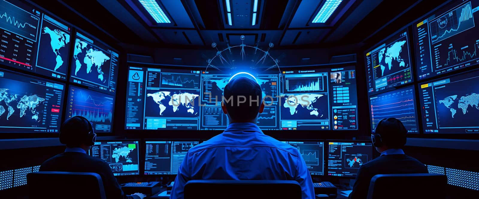 Analysts are focused on multiple screens, monitoring and analyzing global data trends in a high-tech control room lit by vibrant blue lights during the night.