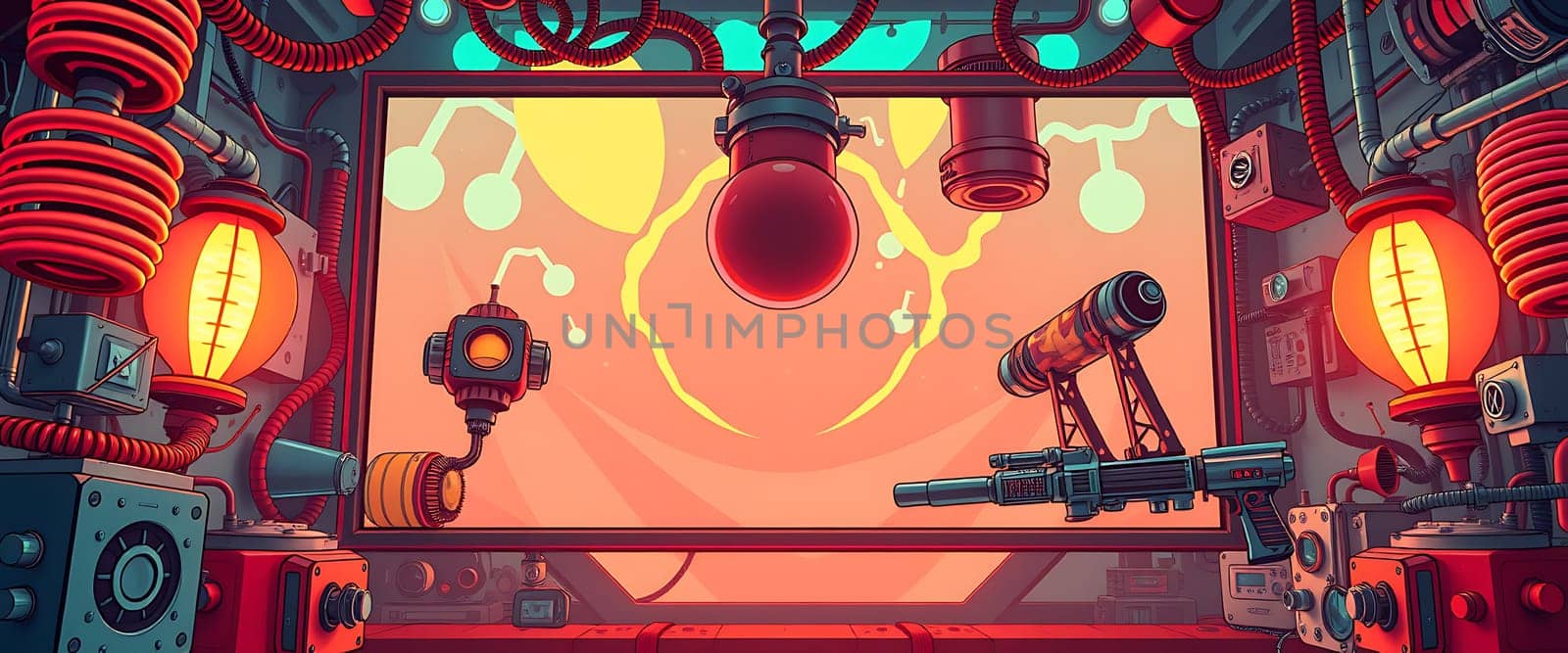 The vibrant laboratory features intricate machinery and scientific instruments, blending colors and shapes to inspire thoughts of future technological advancements and experimentation.