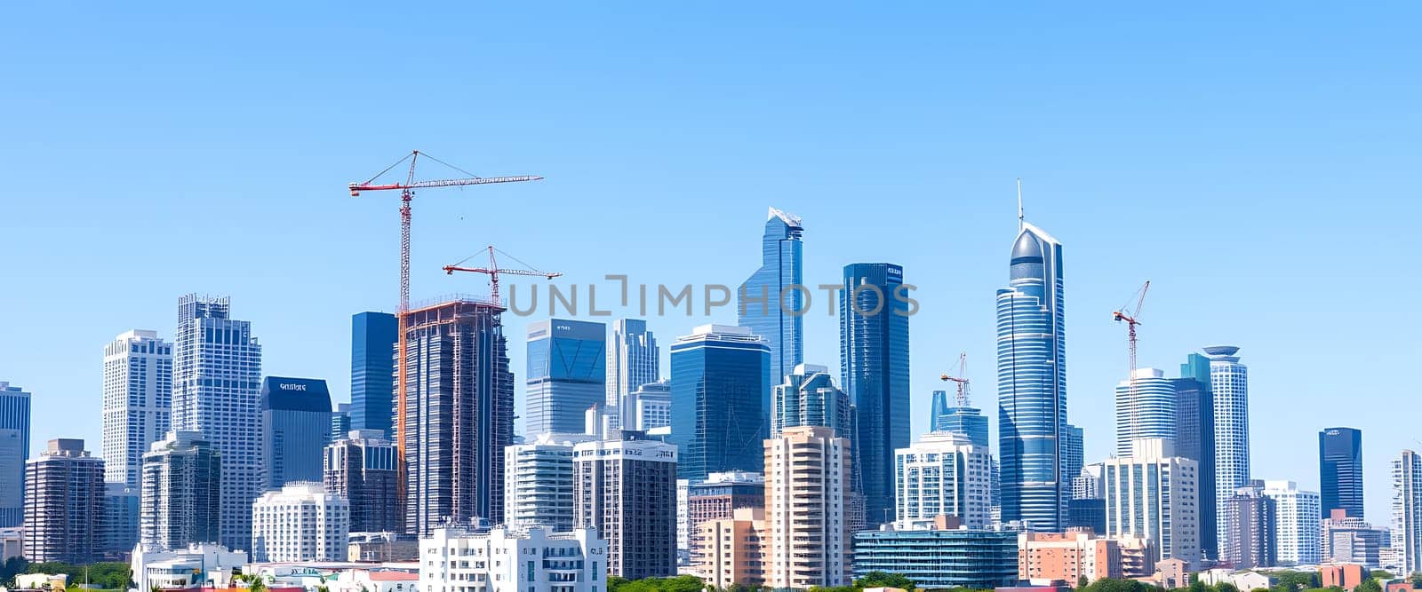 The bustling city skyline features tall buildings and cranes reaching towards a clear blue sky, highlighting ongoing construction and urban development activities.