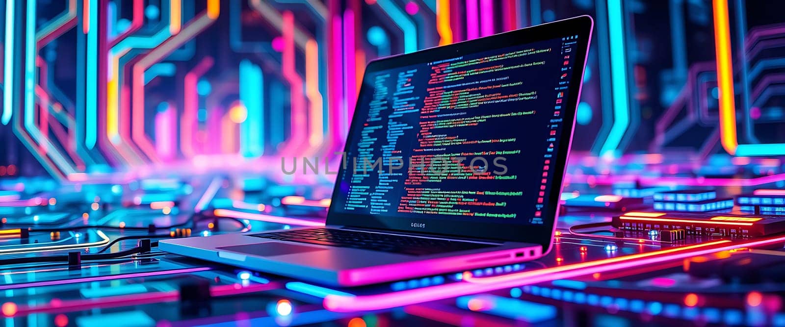 A sleek laptop sits on a glowing surface, showcasing colorful lines of code, surrounded by neon lights that create a high-tech, digital atmosphere.