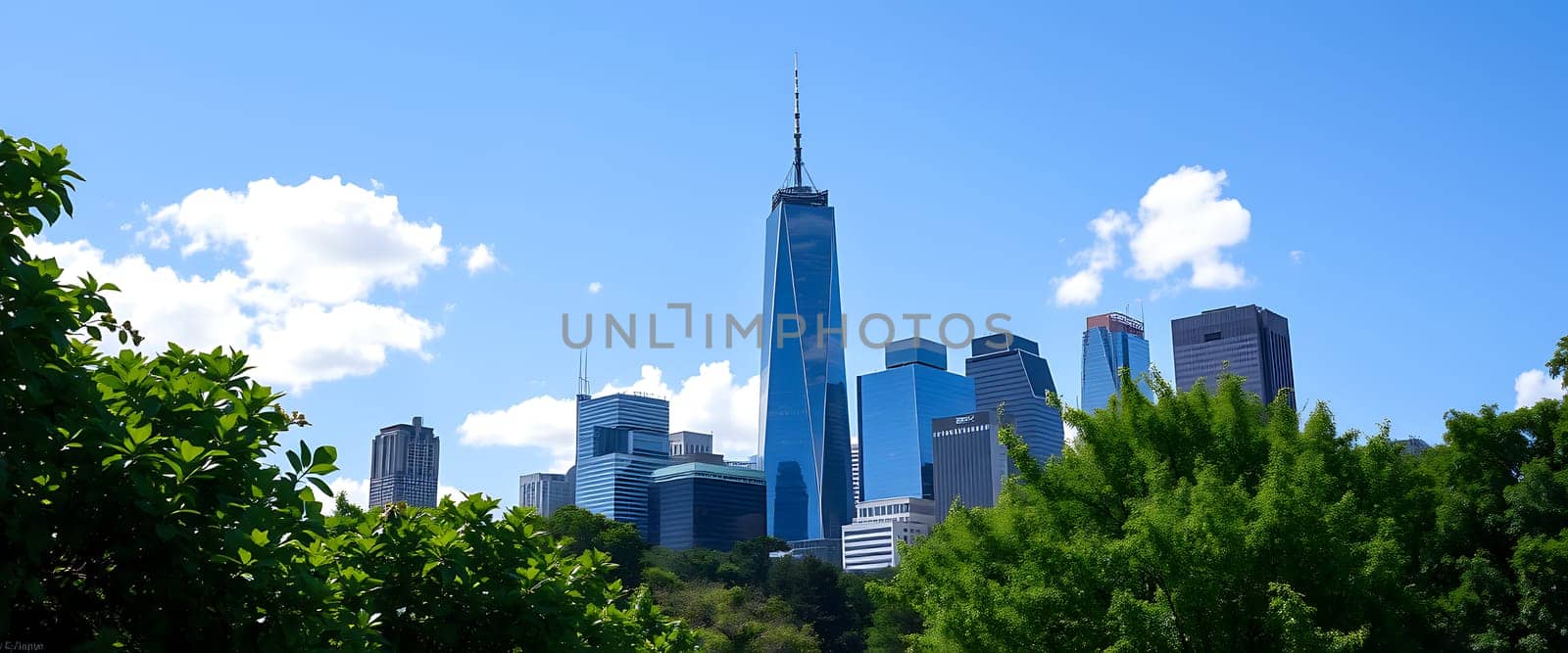The iconic One World Trade Center stands tall amidst the Manhattan skyline, framed by vibrant green foliage on a sunny day, highlighting the city's architectural beauty.