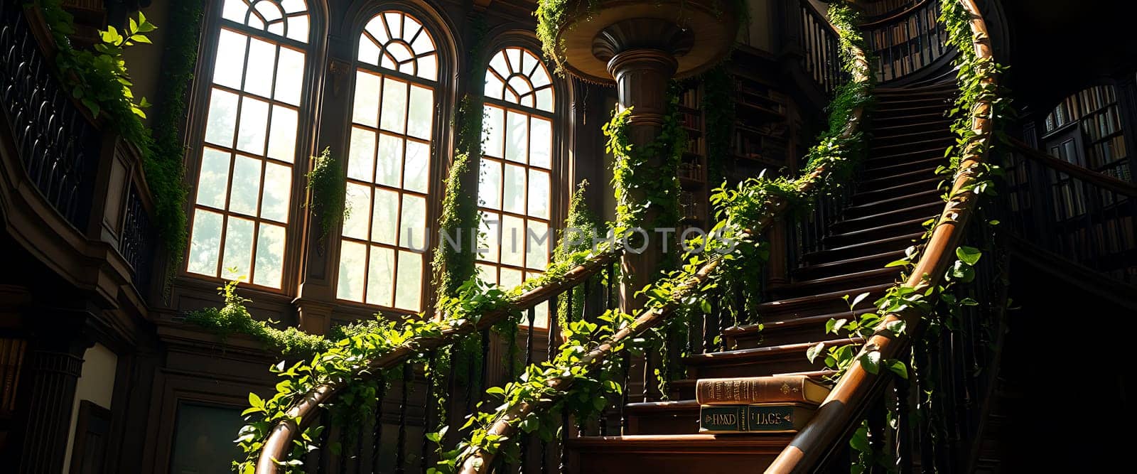Sunlight streams through large arched windows, illuminating a vintage library's staircase adorned with lush green vines. The scene evokes a sense of enchantment and timelessness.